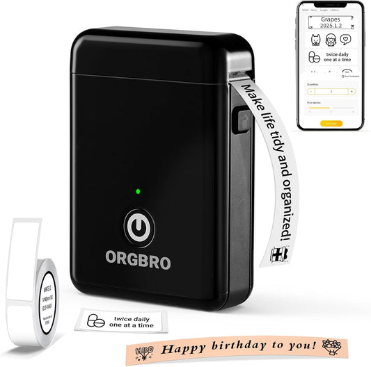 ORGBRO Label Maker Machine with Tape, X1 Portable Bluetooth Mini Label Printer, Support Pre-Cut & Continuous Label, Wireless Small Label Makers with Versatile App for School Home Office Organization