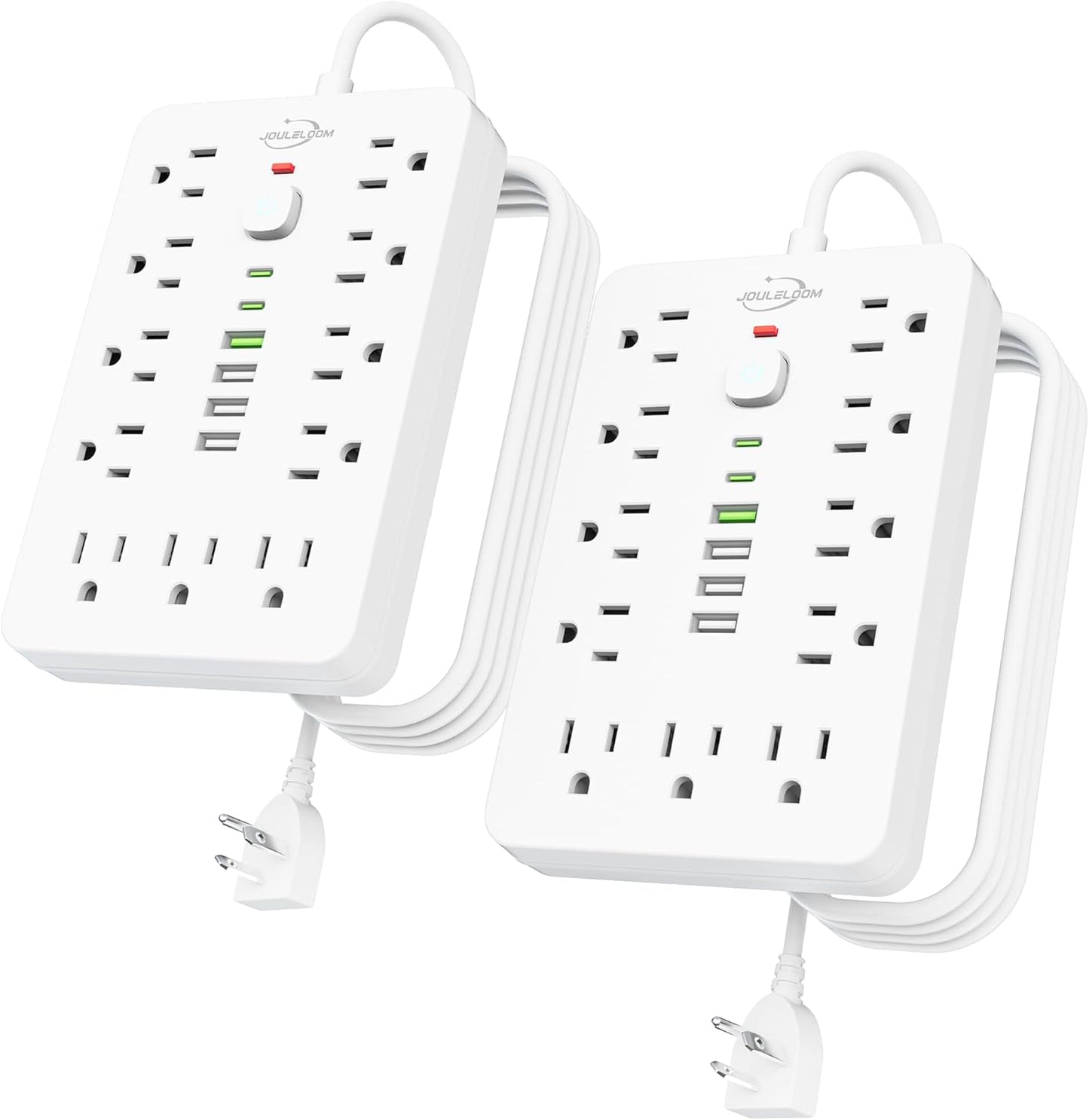 2 Pack 6 FT Flat Plug Surge Protector Power Strip,11 Multiple AC Outlets with 6 USB Ports (2 USB C), 6 Feet Extension Cord, 1250W/10A, One Touch Switch Button, 17 in 1 Compact powerstrip