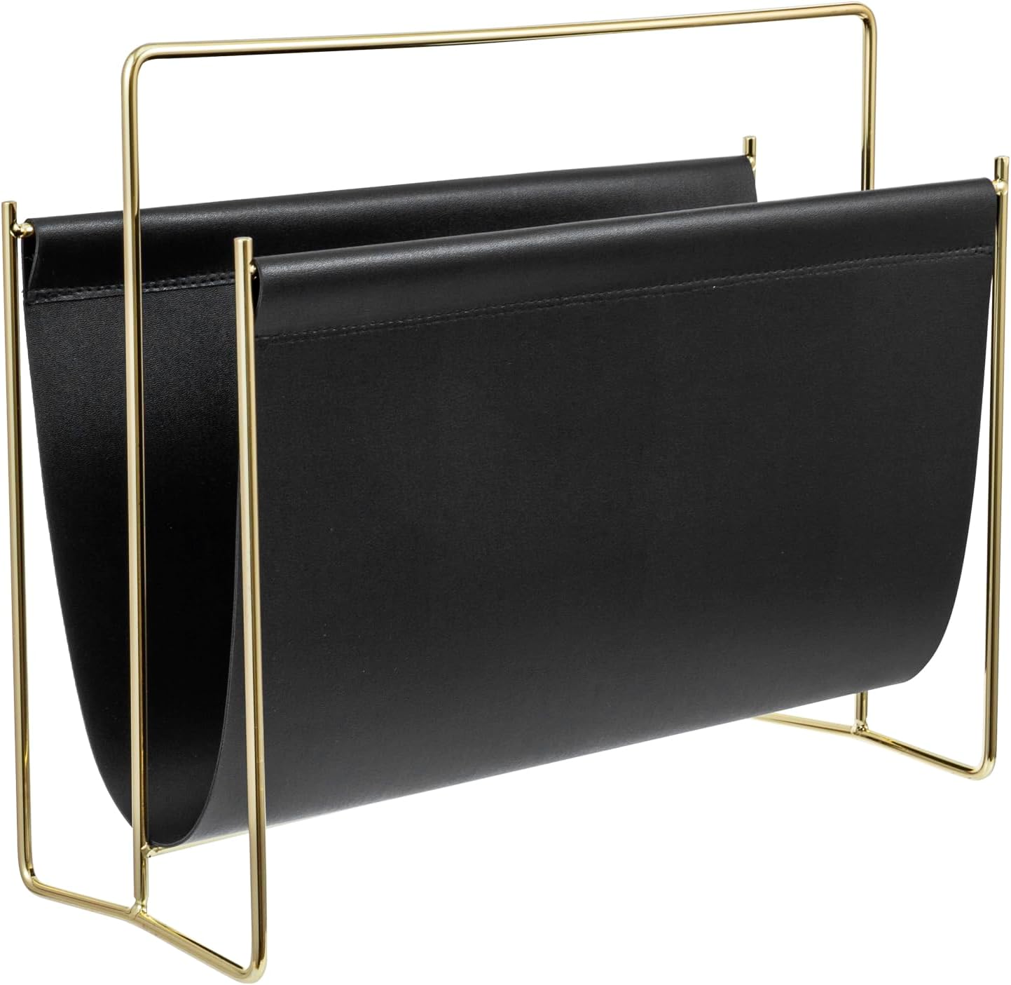 MyGift 15-Inch Modern Black Leatherette & Brass Plated Metal Magazine Holder – Floor Standing Faux Leather Sling Style Newspaper Rack for Home, Bathroom, Office Decor