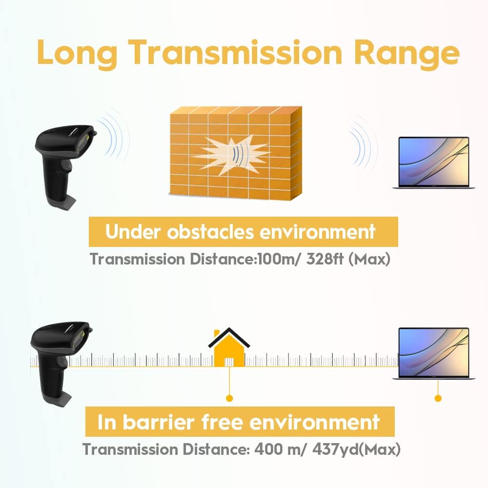 NADAMOO Wireless Barcode Scanner 328 Feet Transmission Distance USB Cordless 1D Laser Automatic Barcode Reader Handhold Bar Code Scanner with USB Receiver for Store, Supermarket, Warehouse - Black