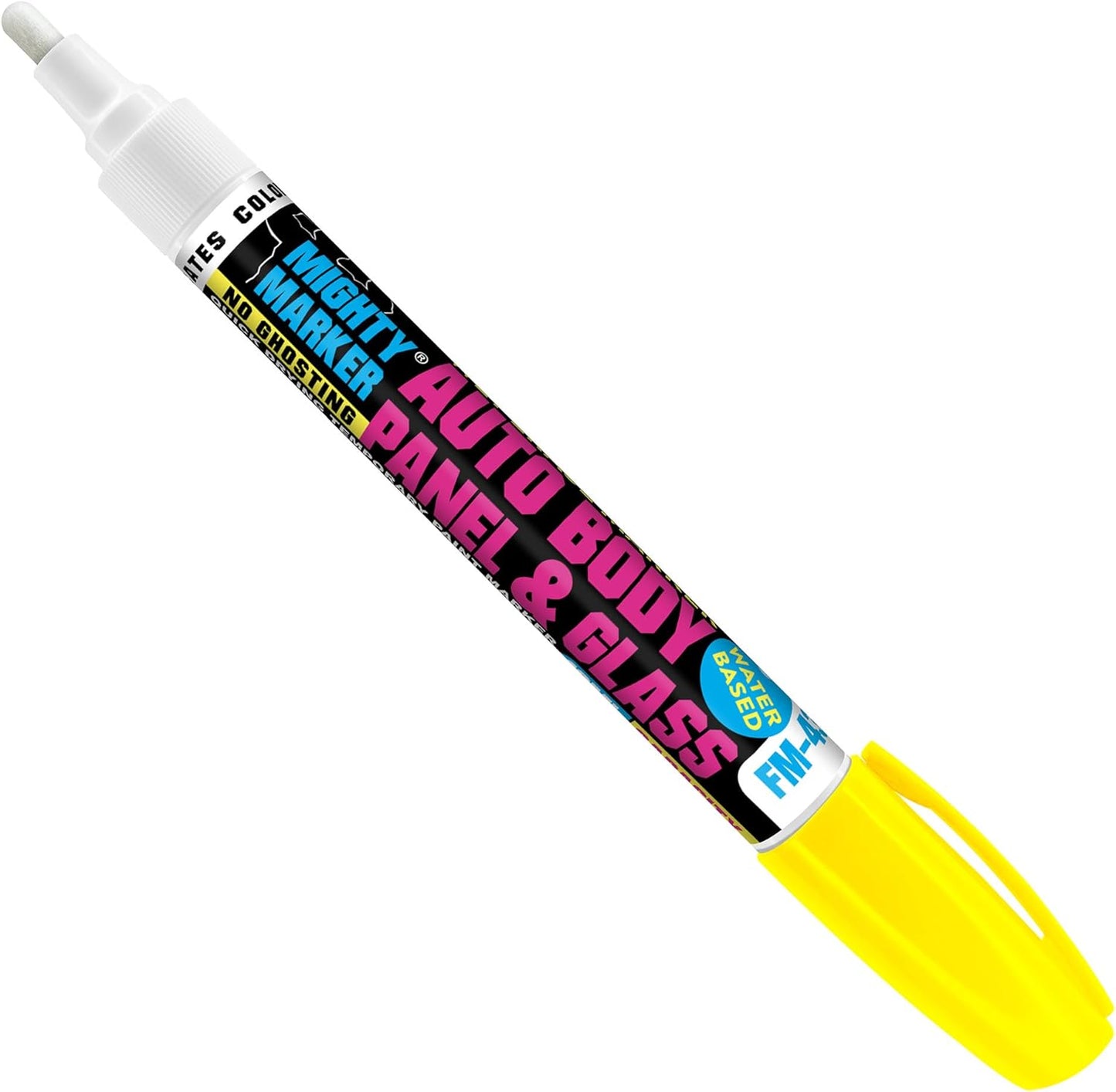 FM-43 Auto Body and Glass Paint Marker, No-Ghost, Highly Water-Resistant, 2.3mm Bullet Tip, Valve Action, 6 Bonus Reversible Tips, Made in USA - Fl. Yellow 6 Pack