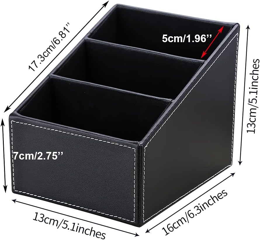 KINGFOM Remote Control Holder with 3 Compartments Pu Leather Remote Caddy Desktop Organizer Store Brush, Pencil, TV Guide, DVD, CD, Blu-Ray, Media Player, Heater Controllers(Black)