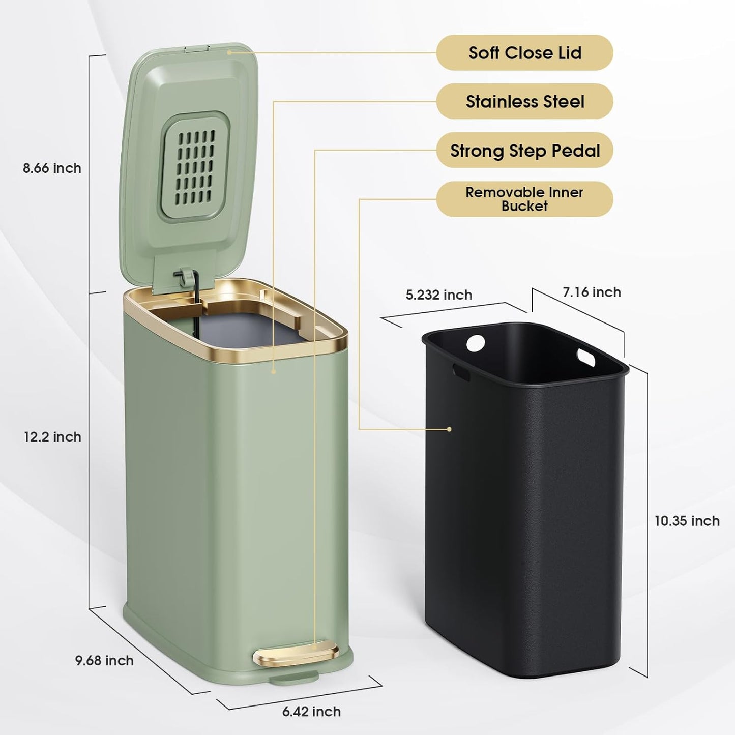 CEROELDA Small Bathroom Trash Can with Lid Soft Close-5L/1.3 Gal Slim Garbage Can-Metal Step Wastebasket-Rectangle Narrow Waste Bin for Office, Bedroom, Toilet, Live Room-Green