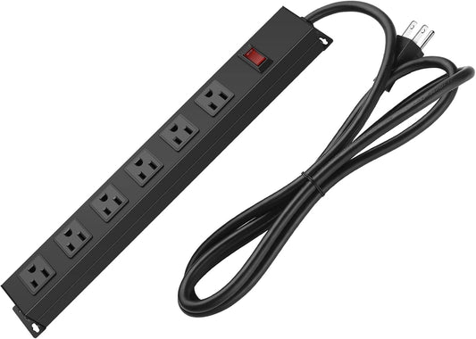 Metal Wall Mount Power Strip, Mountable Power Outlet with 6 AC Outlets, Aluminum Alloy Mount Power Socket with Switch, 15 FT SJT 3/C 14AWG Power Cord, 15A 125V 1875W (6AC) Black