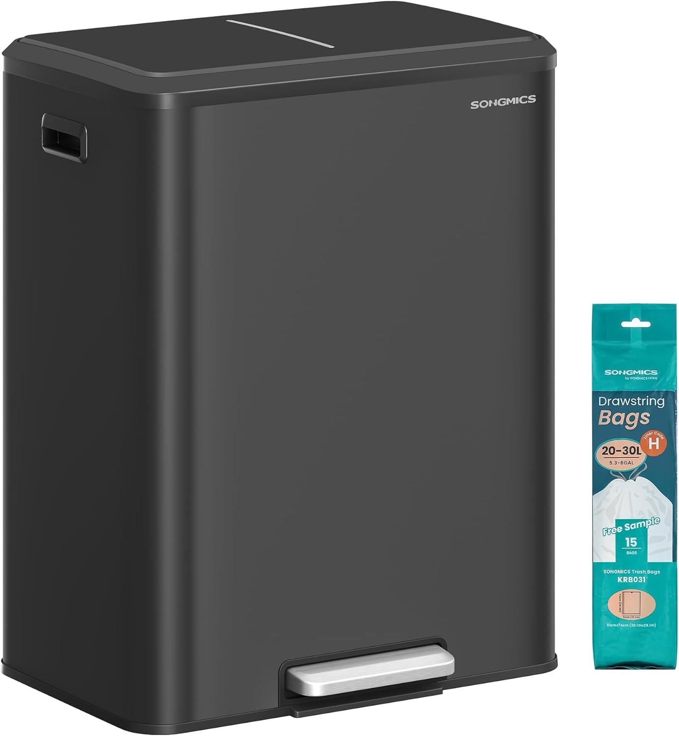 SONGMICS Trash Can, 2 x 8 Gallon (2 x 30 L) Double Garabge Can for Recycling and Waste, Stainless Steel, Soft-Close Lid, Inner Buckets, Wide Sturdy Pedal, Ink Black ULTB556B01
