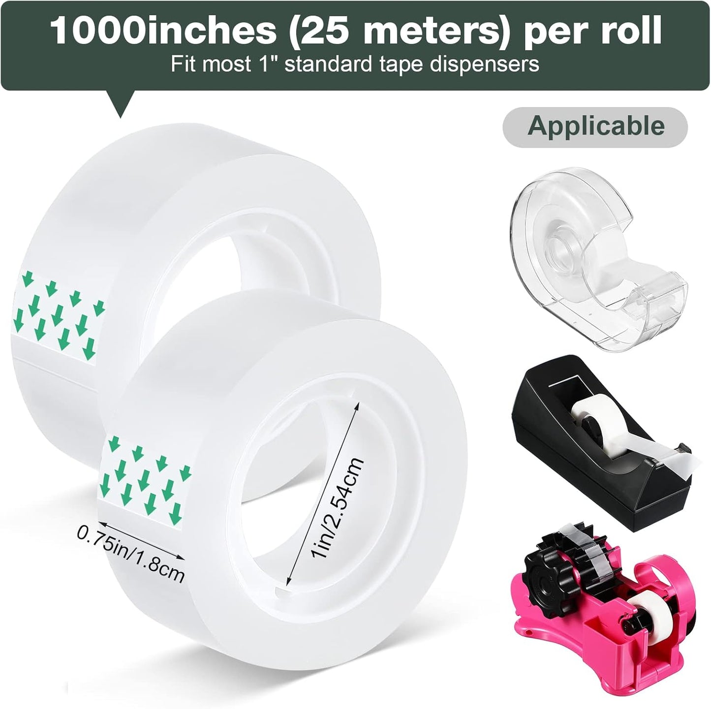 Pasimy 96 Rolls Clear Tape Bulk Strong Sticky Transparent Tape Refills for Dispenser, Office, Home, School, Wall, Carpet, 3/4 x 1000 Inches(Green)