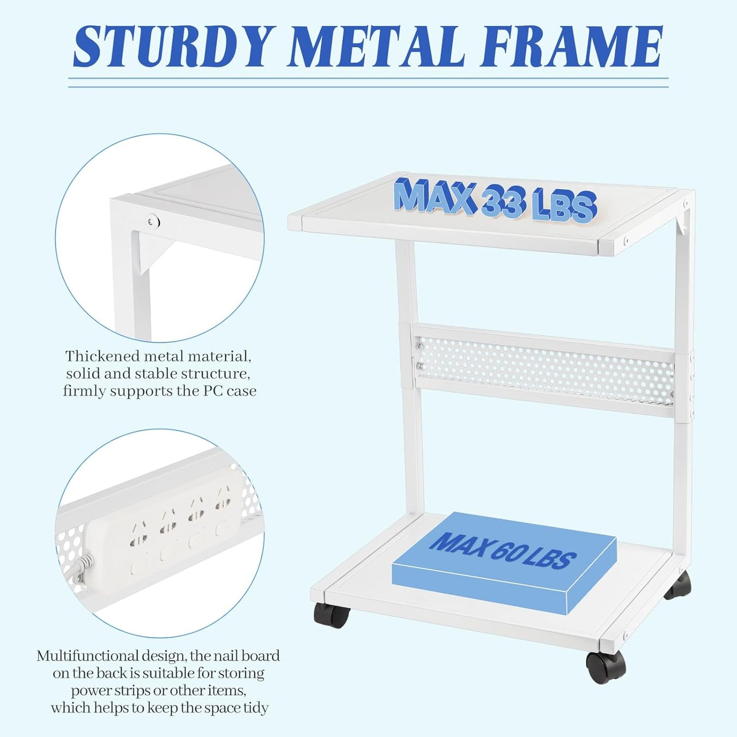 Liitrton PC Tower Stand 2-Tier CPU Stand with Locking Caster Wheels for Office & Home - Iron-White