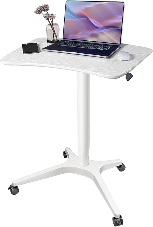47" Mobile Standing Desk(26" W*19.3" D), Adjustable Height Laptop Desk, Pneumatic Desk with Gas Spring Riser, Podium for Home, Office，Classroom，Medical, (29" to 46.9" H) (White)