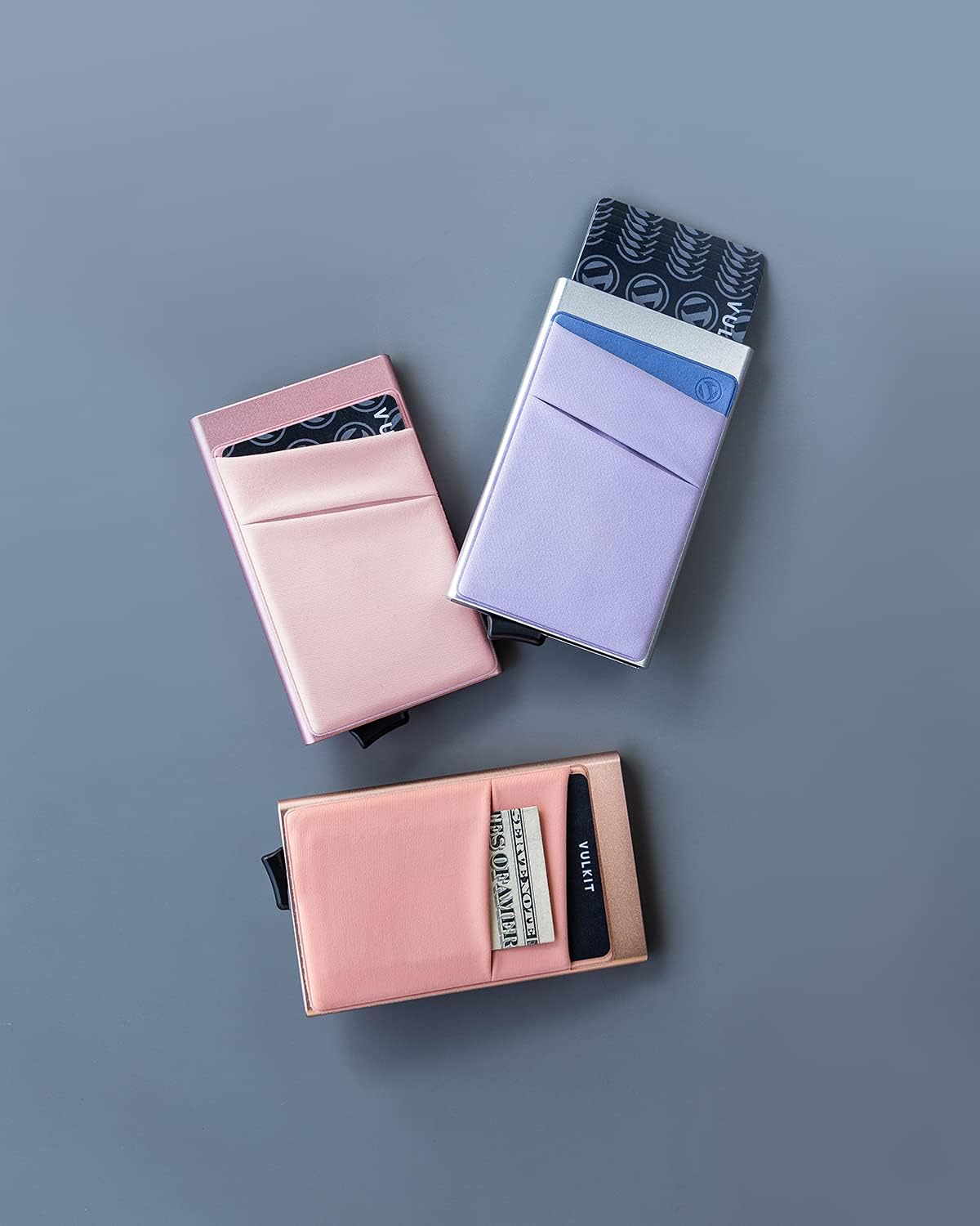 VULKIT Card Holder with Money Pocket Pop Up Wallet RFID Blocking Slim Metal Bank Card Case Holds 5 Cards and Notes