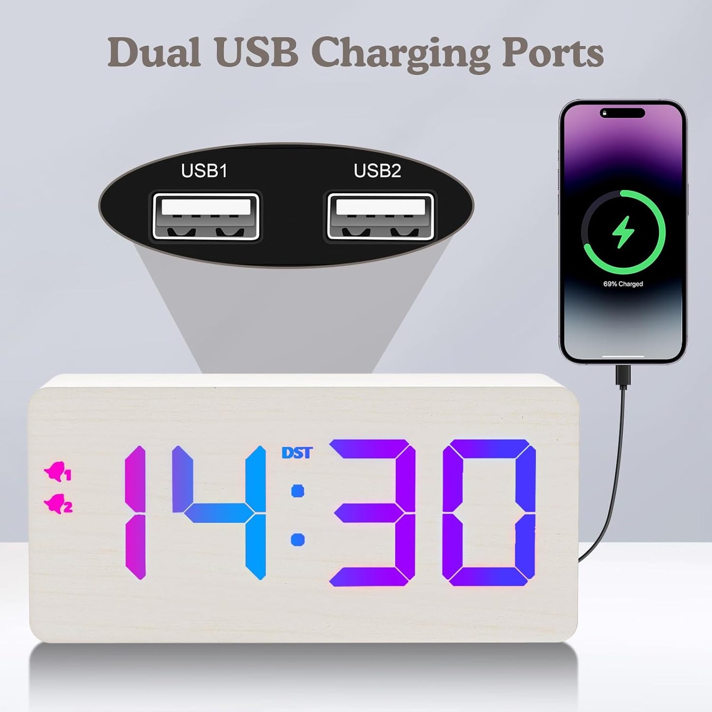 Wooden Digital Alarm Clock with Fast Wireless Charger, Dual USB Charging Ports, DST, Dimmable, Snooze, RGB Large Number Display LED Clock for Bedrooms, Living Room, Desk, Table, Bedside(White)