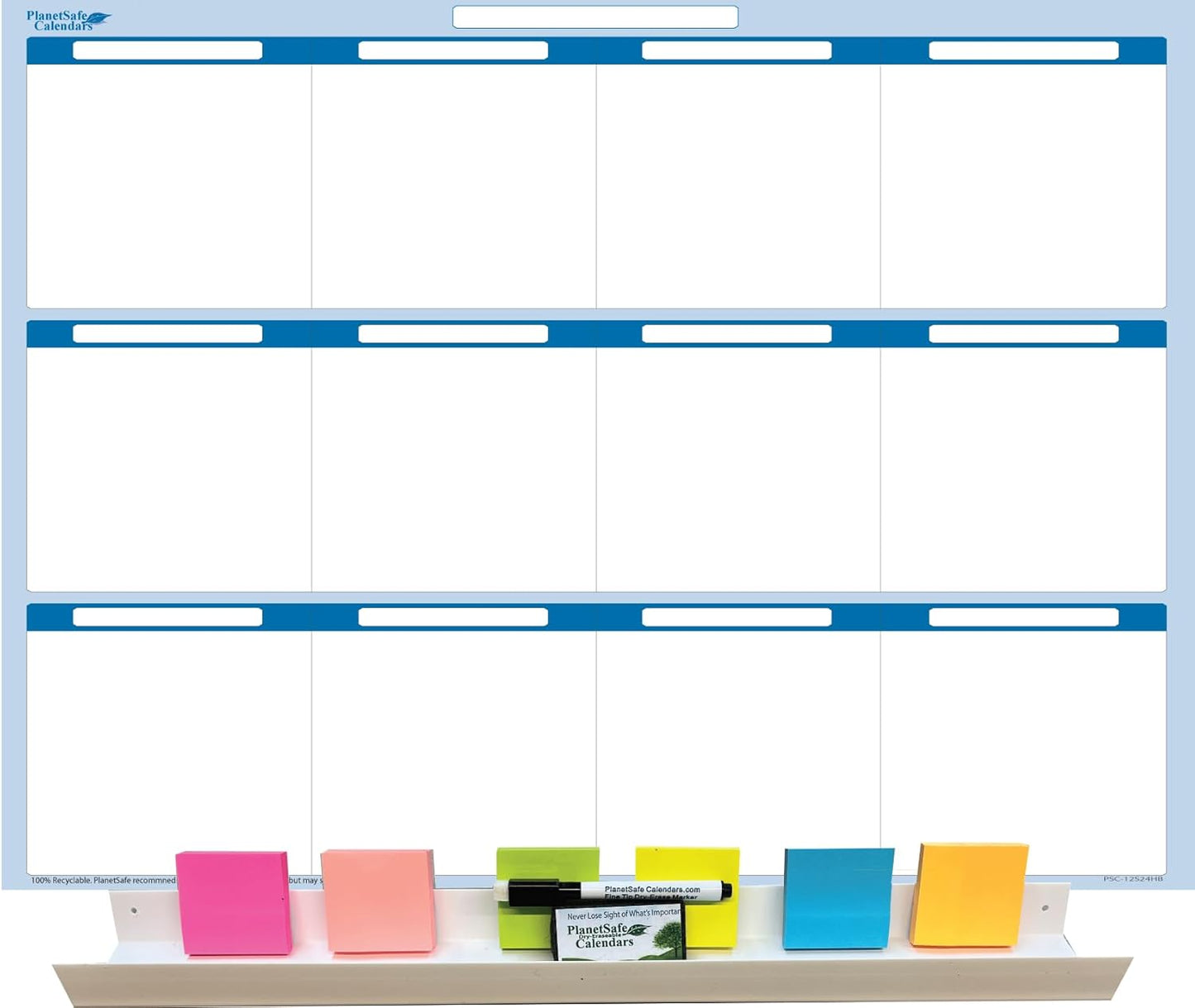 Sky Blue 12 Section Task, Objective and Goals Planning System Horizontal 18" Tall 24" Wide. Wall Tray, Dry-Erase Marker, Eraser and 600 Sticky-Notes