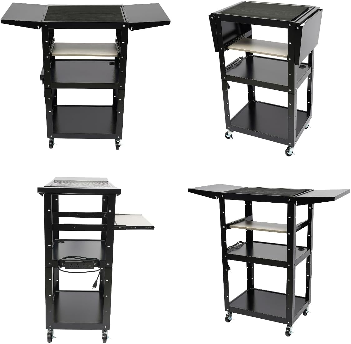 Black Steel AV Cart with Wheels & Power Strip Height Adjustable Rolling Computer Cart w/Folding Drop Leaves Media Cart Projector Cart, 300 LBs, 24 * 18 * 41.75in