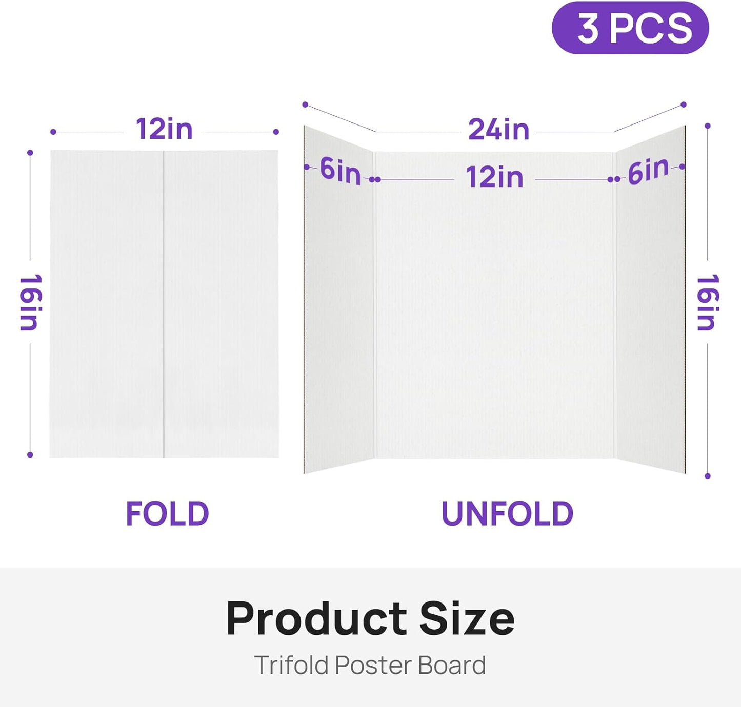 3 Per Pack Trifold Poster Board, 24" × 16" Inch White Cardboard Sheets for School Projects, Science Fair, Business Events