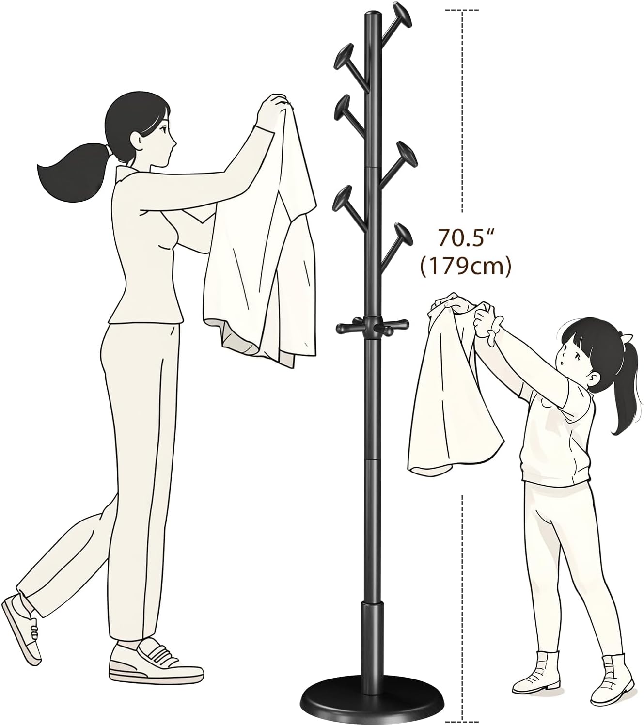 Solid Wood Coat Rack Freestanding Coat Tree with 10 Hooks for Bedroom, Livingroom, Entryway, Sturdy Coat Hanger Stand for Hats, Coats, Scarves, Handbags, Purses