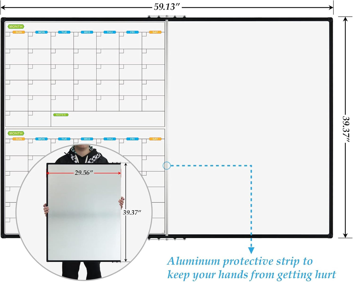 JILoffice Magnetic Foldable Dry Erase Calendar Whiteboard Combo, 2 Month Calendar Board & White Board 60 X 40 Inch, Black Aluminum Frame Wall Mounted Board for Office Home and School