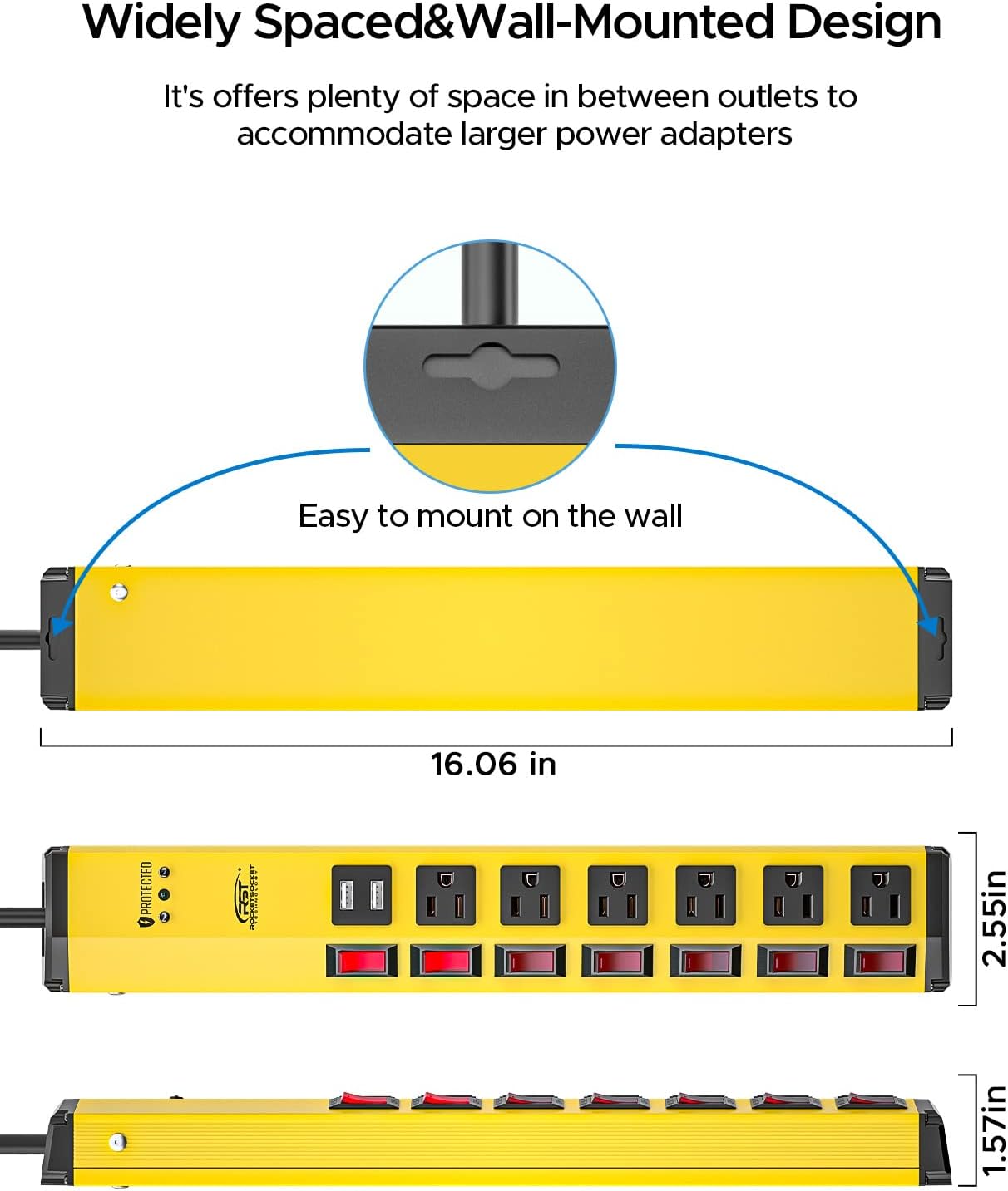 CRST 6-Outlet Heavy Duty Power Strip with USB and Individual Switches, 1200 Joules Metal Mountable Surge Protector Power Strip 15A Circuit Breaker, 6FT Extension Cord for Garage, Workshop, Home