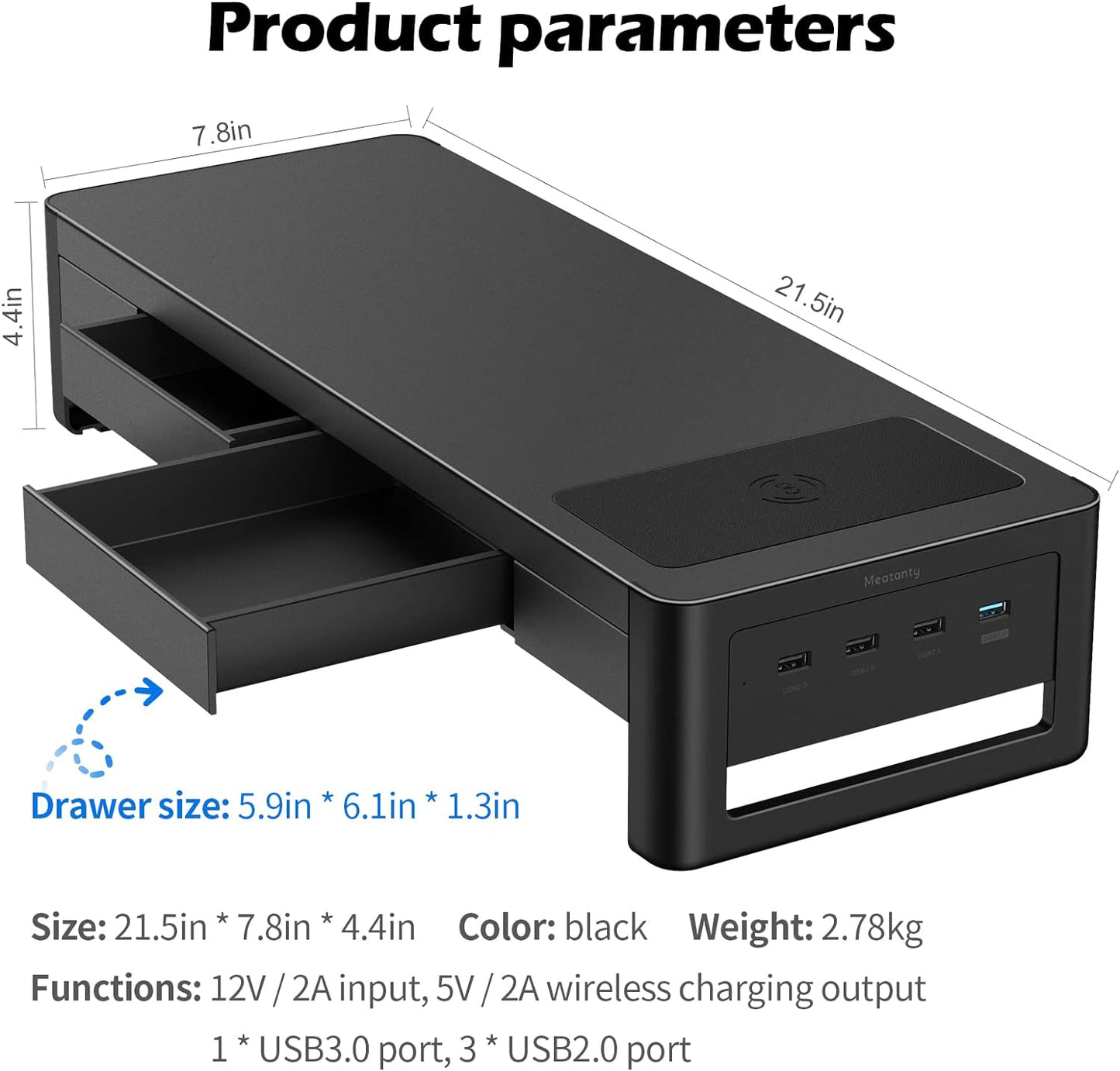 meatanty 3 In 1 Monitor Stand Riser with 2 Drawers,1 Wireless Charging Module and 4 USB Ports,Metal Computer Stand Support Transfer Data & Charging,Desk Organizer for PC,iMac (21 inches)