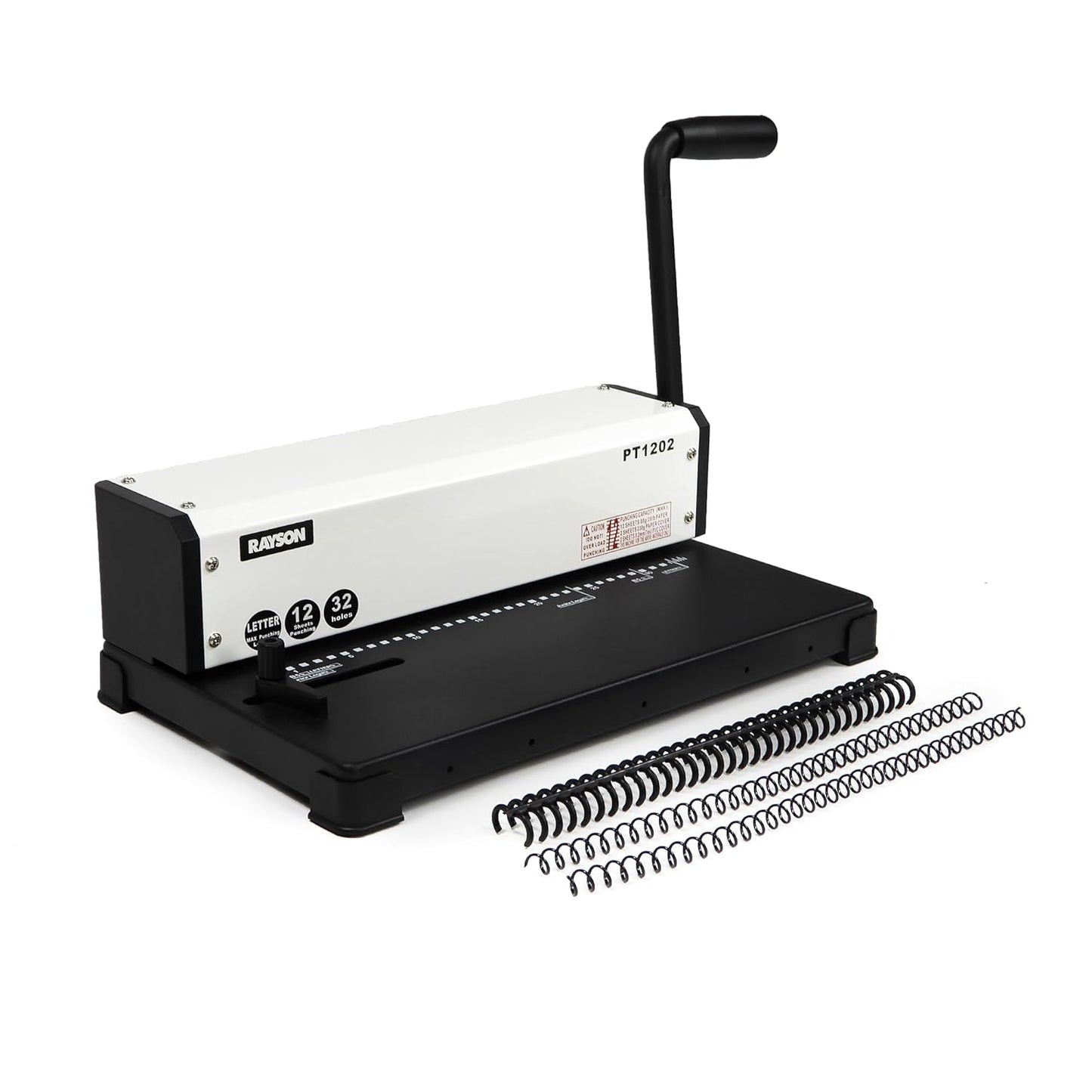 Rayson PT1202 Coil Binding Machine, 3:1 Pitch, 32 Hole Punch for Spiral & Click Binding Spines, Metal Spiral Binder Hole Punch, Punches 12 Sheets at a Time