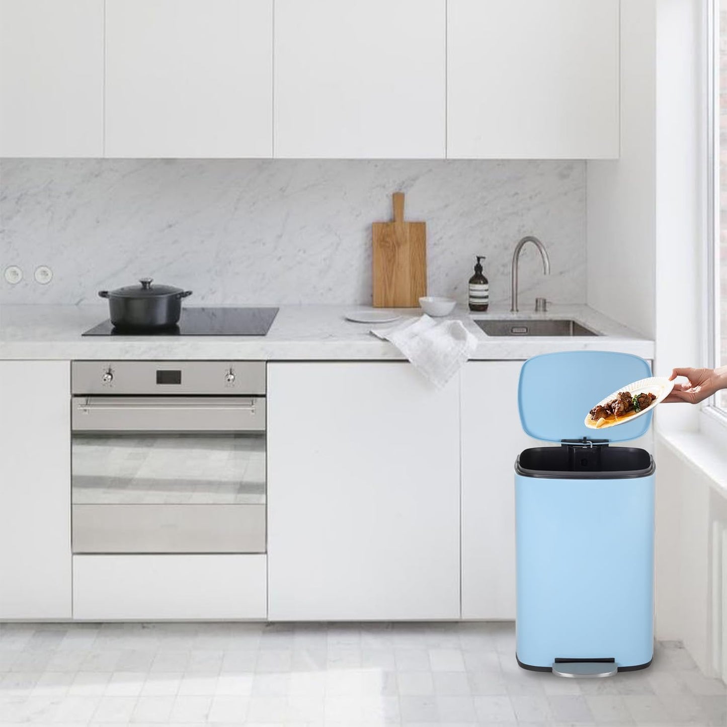 PayLessHere Stainless Steel Trash Can with Lid - Removable Inner Bucket, Foot Pedal Soft Close for Office, Home, Kitchen Garbage Bin (Blue, 13 G)