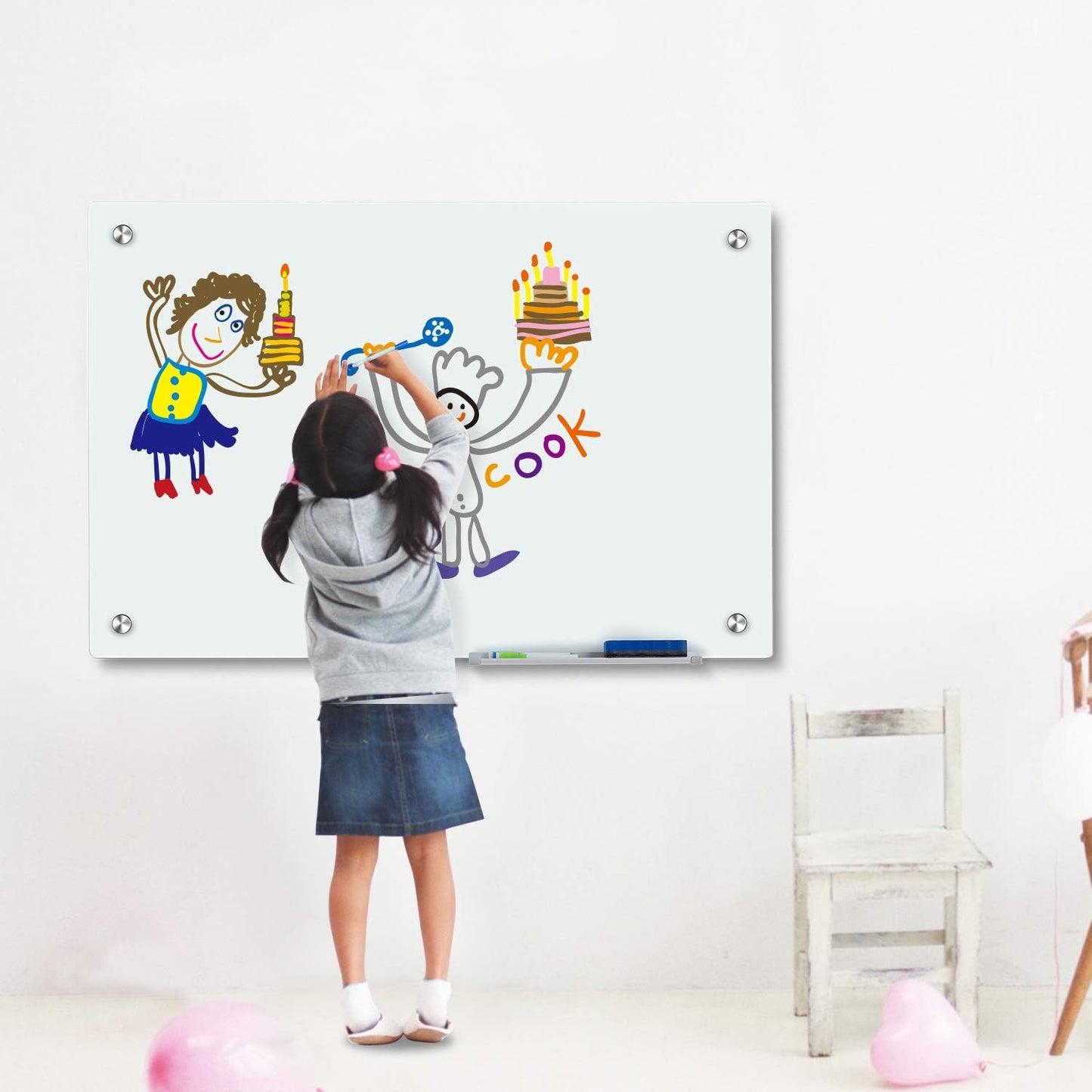 Magnetic Glass Whiteoard with Eraser 48" x 36" Frameless Tempered Glass Dry Erase Whiteboard with Marker Tray for Interactive Office, Wall Mounted Whiteboard (White)