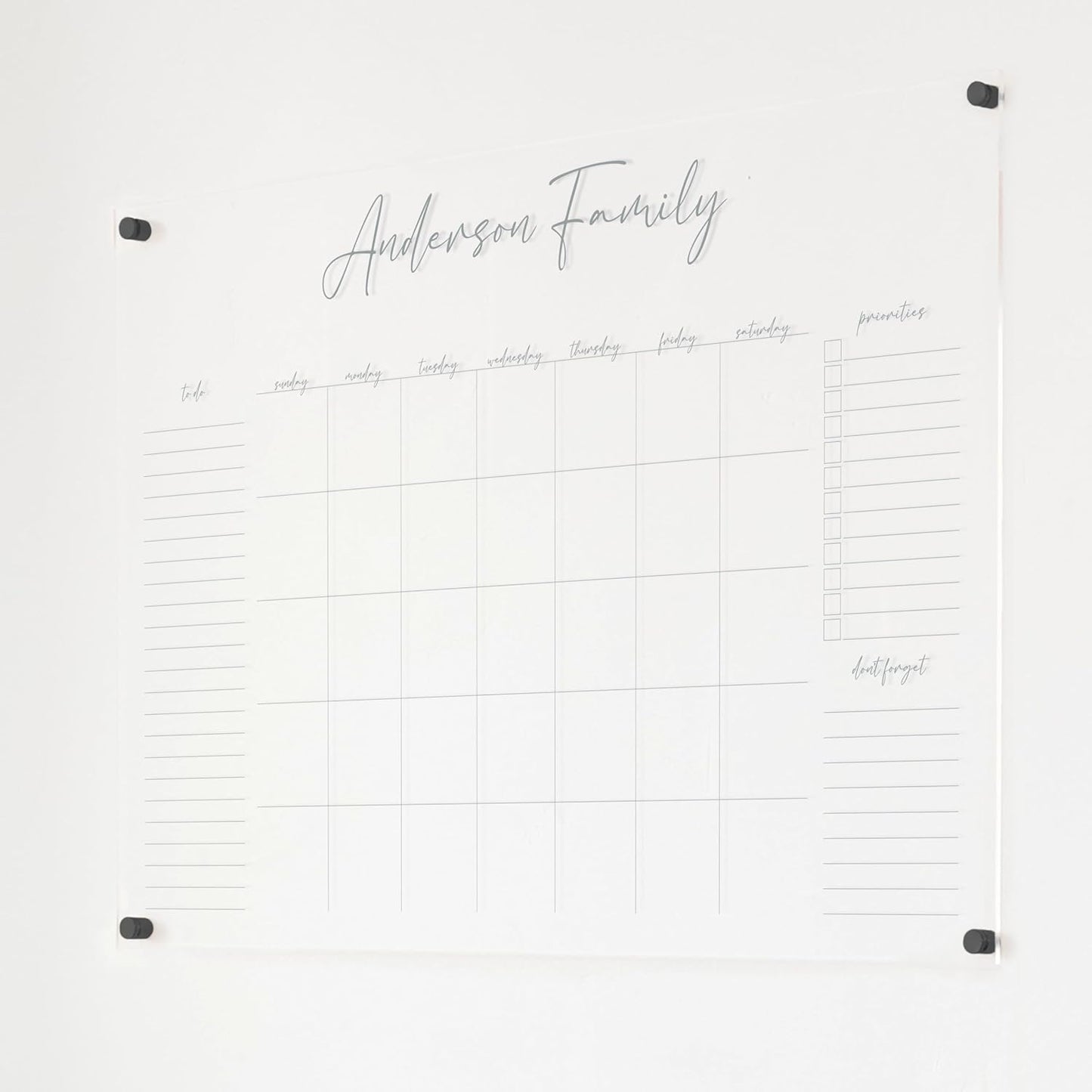 Personalized Clear Acrylic Calendar for Wall, Calendar Whiteboard for Wall, Dry Erase Wall Calendar, Wall Calendar Organizer System for Home (Cursive, Grey, 38"W x 26"H)