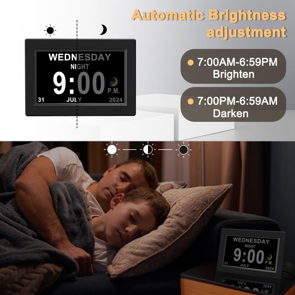 8inch Extra Large Impaired Vision Digital Alarm Clock with Day and Time for Elderly Calendar Clock Auto Dimmable Clock