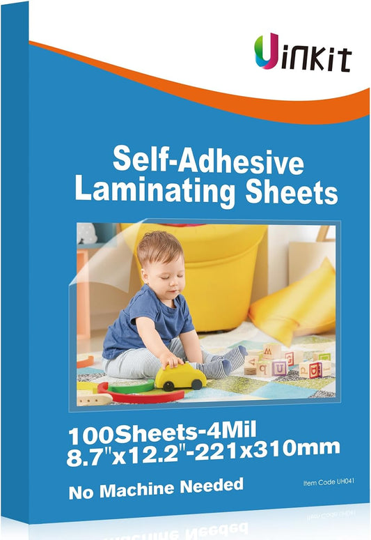 Uinkit 100PCS 4Mil Self-Adhesive Laminating Sheets, 8.7 x 12.2 Inches Clear Self Sealing Laminating Sheets, Suitable for 8.5 x 11 Inches Letter Size, No Machine Needed