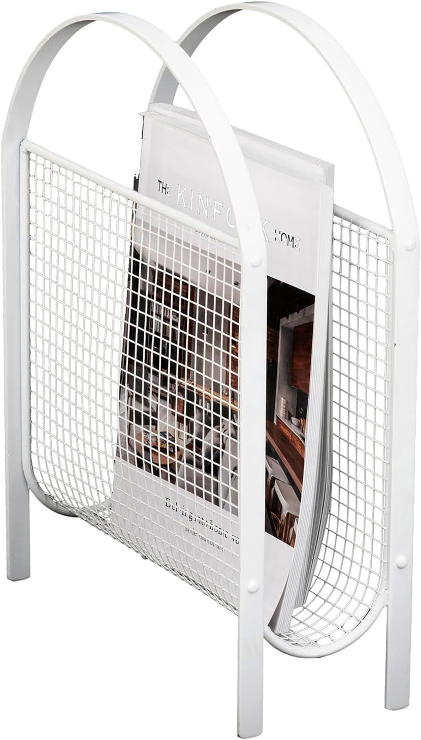 MyGift Mid-Century Design Magazine Rack, Matte Black Tone Metal Mesh Freestanding Magazine Organizer Holder Sling (White)