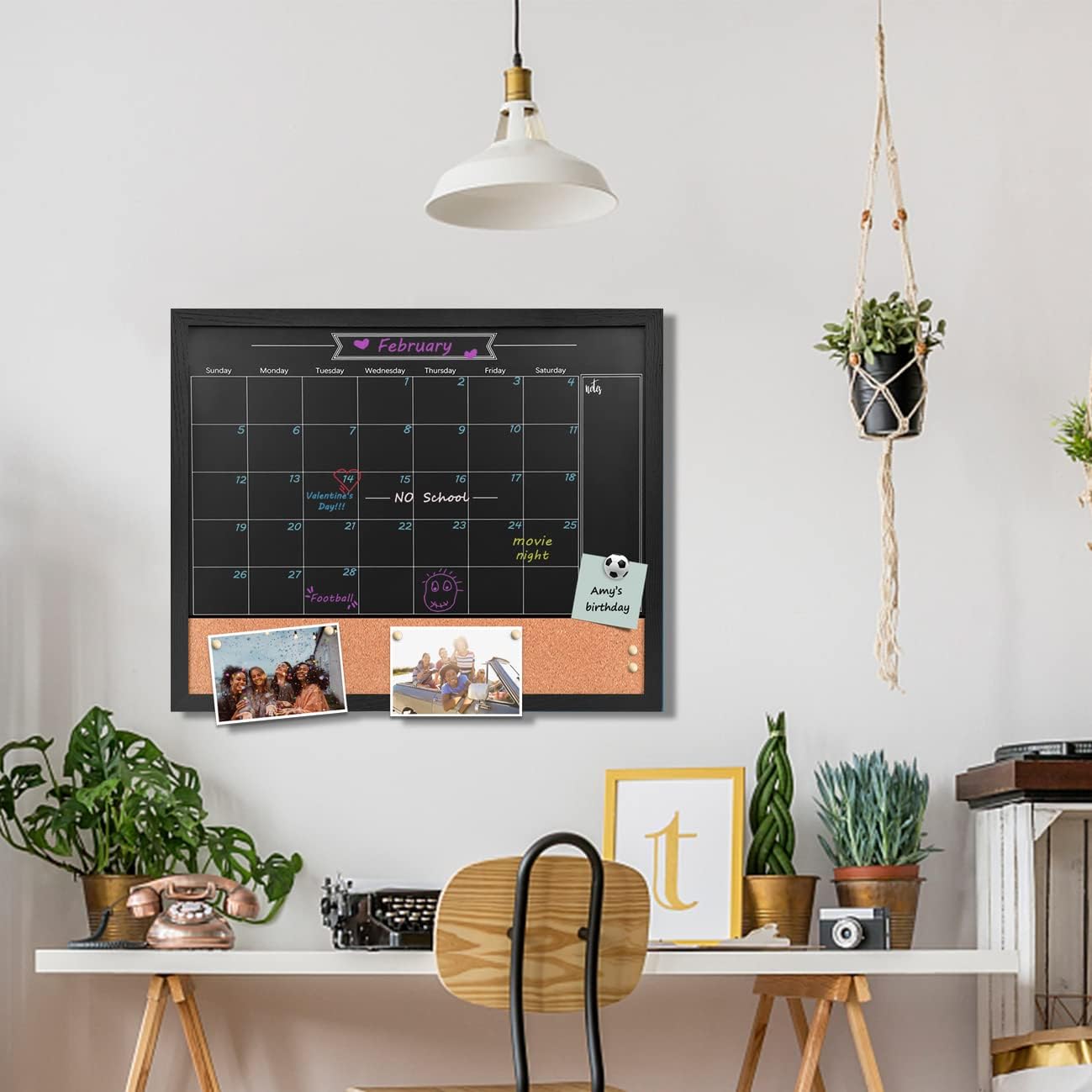 TORASO Magnetic Chalkboard Calendar Corkboard, 17.7" x 21.6" Combination Chalk Board Bulletin Board, Black Wood Framed Blackboard Calendar Cork Combo Board(ZHHB-BK-4555)