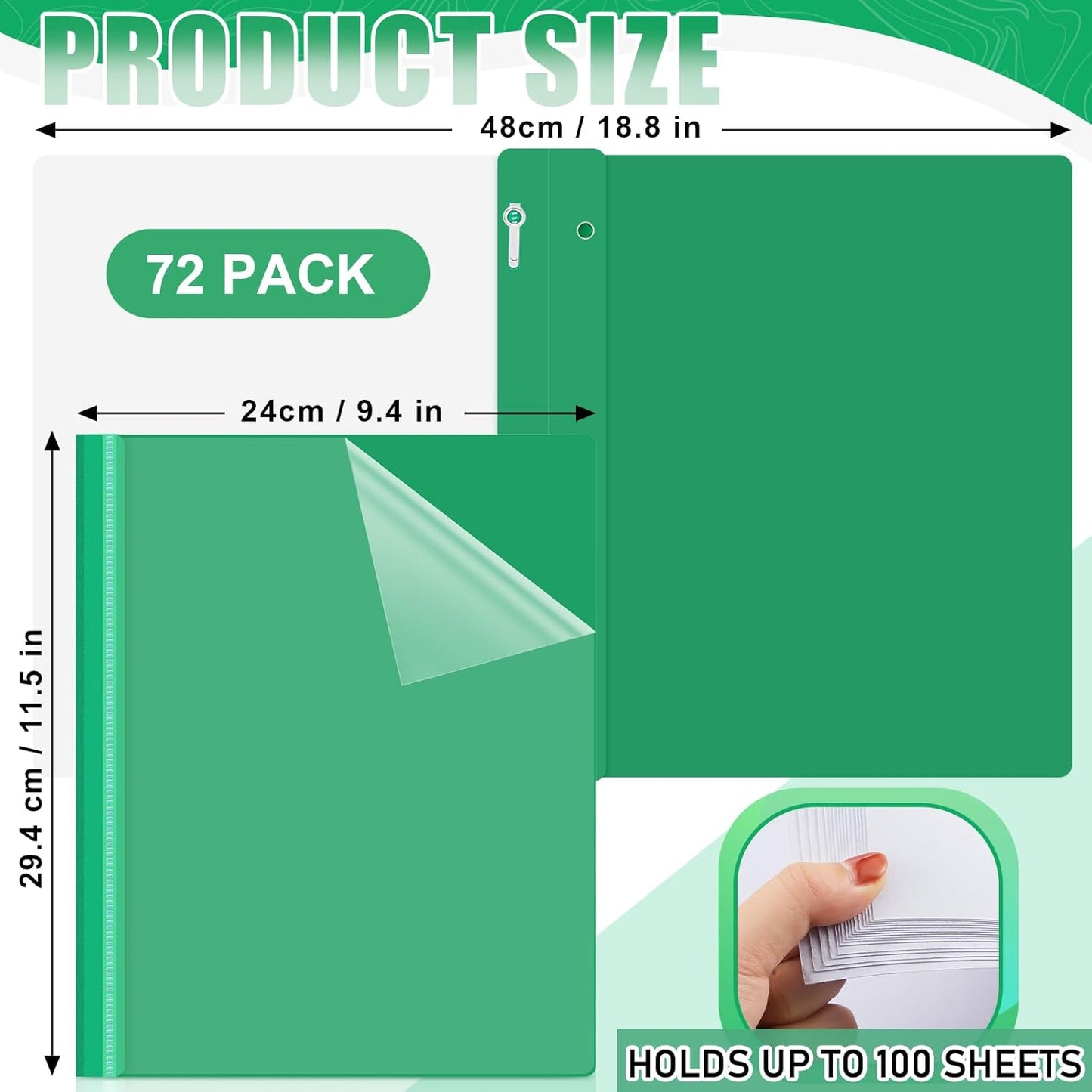 Teling 72 Pack Clear Front Report Covers Bulk Business Report Covers Plastic Presentation Folders Resume Portfolio Folder Paper Binder with 3 Prongs for Presentation Document School Office (Green)