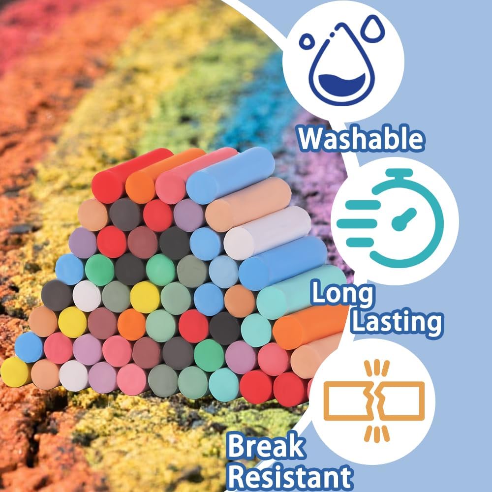 60 PCS Sidewalk Chalks Set Washable Colored Jumbo Chalk Bulk 20 Colors for Students Teens School Supplies Driveway and Playground Outdoor Games Activities