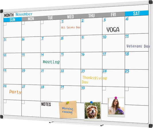 XBoard Magnetic Calendar Whiteboard 60" x 40" - Monthly Calendar Dry Erase Board, White Board + Colorful Calendar Board, Silver Aluminium Framed Monthly Planning Board