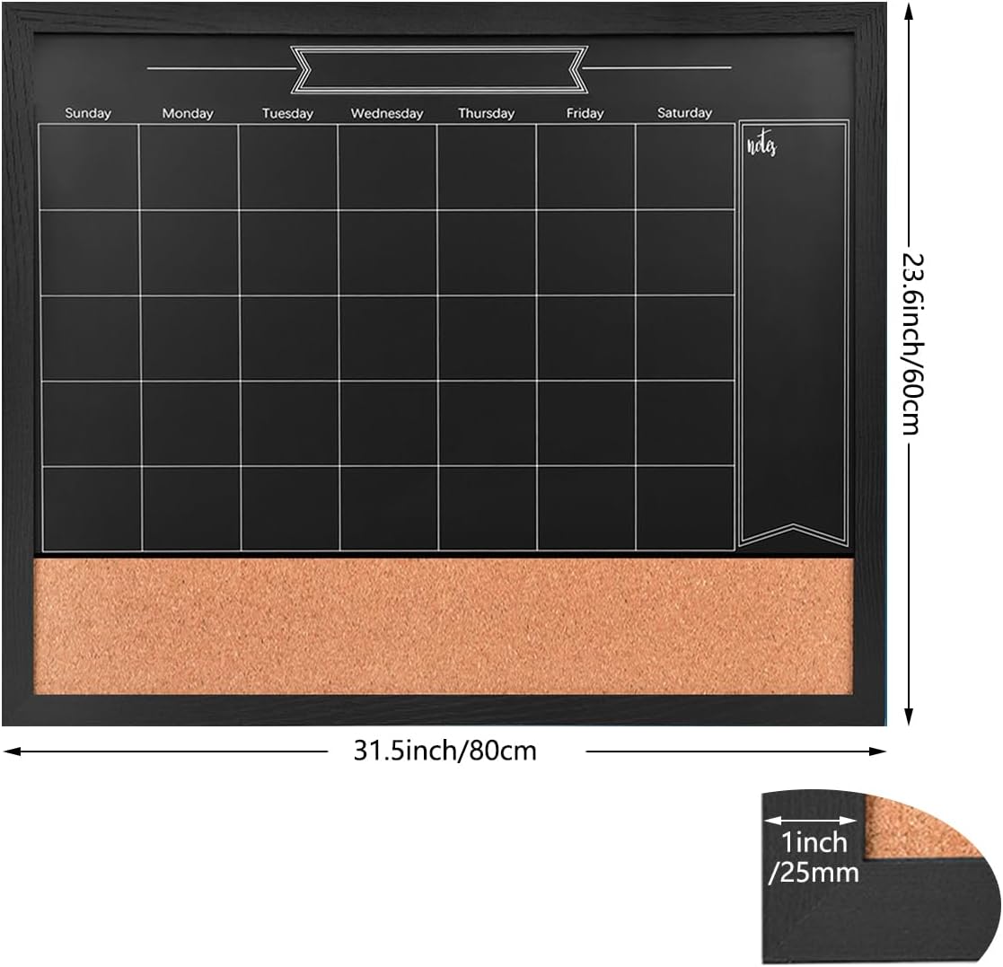 Magnetic Chalkboard Calendar Corkboard, 23.6" x 31.5" Combination Chalk Board Bulletin Board, Blackboard Calendar Cork Combo Board, Black(BK-6080)
