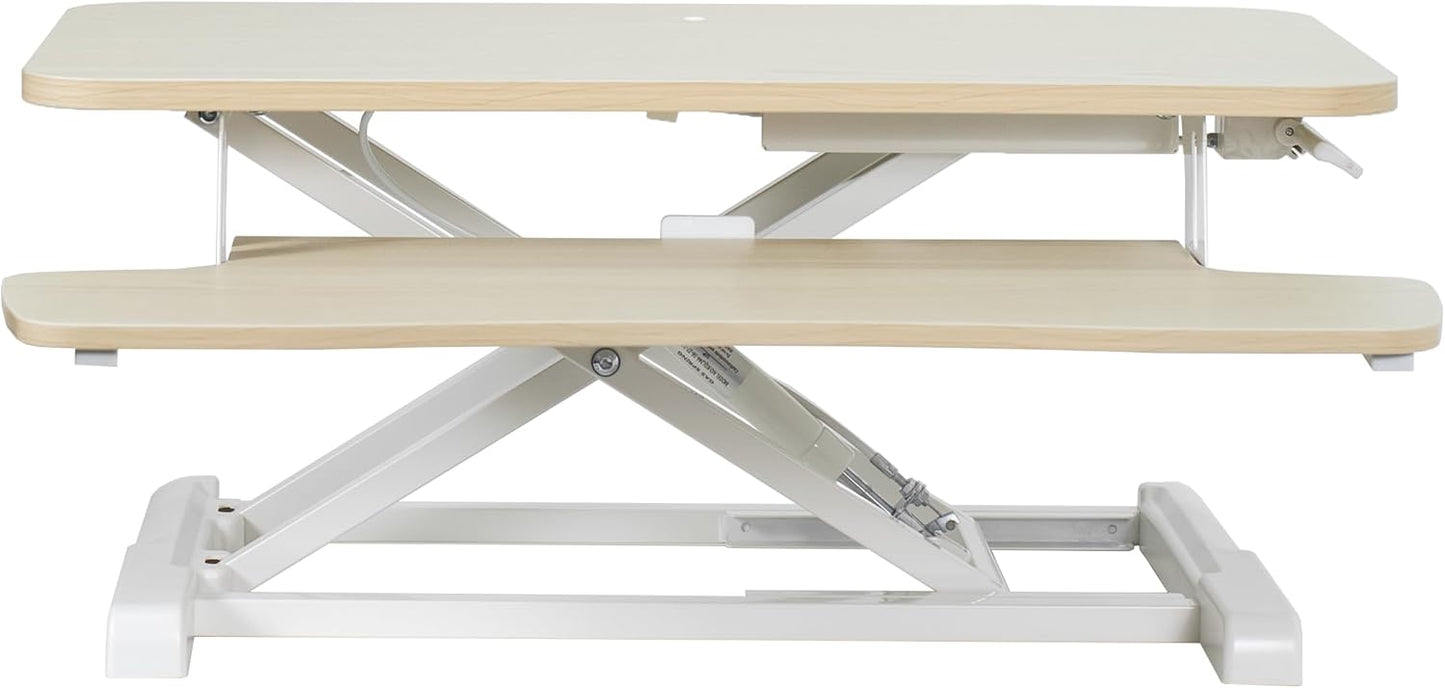 VIVO 28 inch Desk Converter, K Series, Height Adjustable Sit to Stand Riser, Dual Monitor and Laptop Workstation with Keyboard Tray, Light Wood Top, White Frame, DESK-V028KF