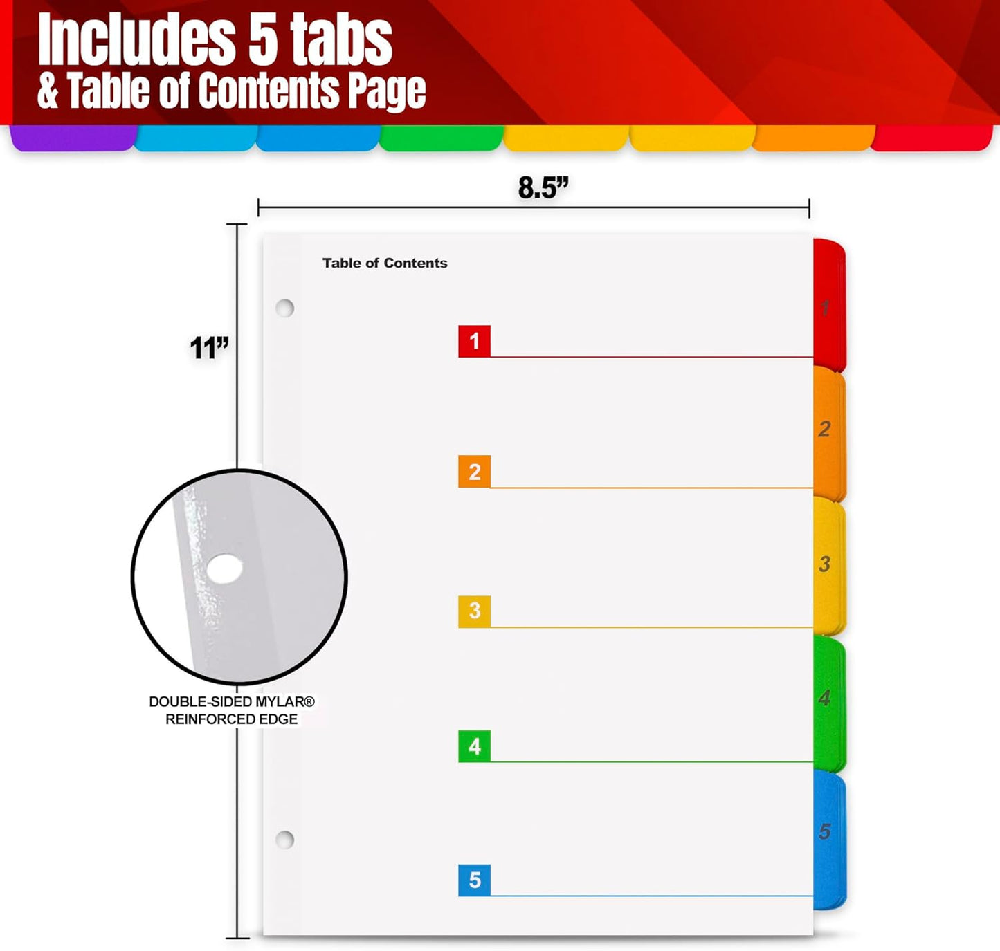Tab Dividers for 3 Ring Binders – 6 Sets, 1–5 Numbered Index Dividers with Table of Contents – 8.5 x 11 in, 3-Hole Punched – Binder Dividers for School, Office, Filing, Organizing