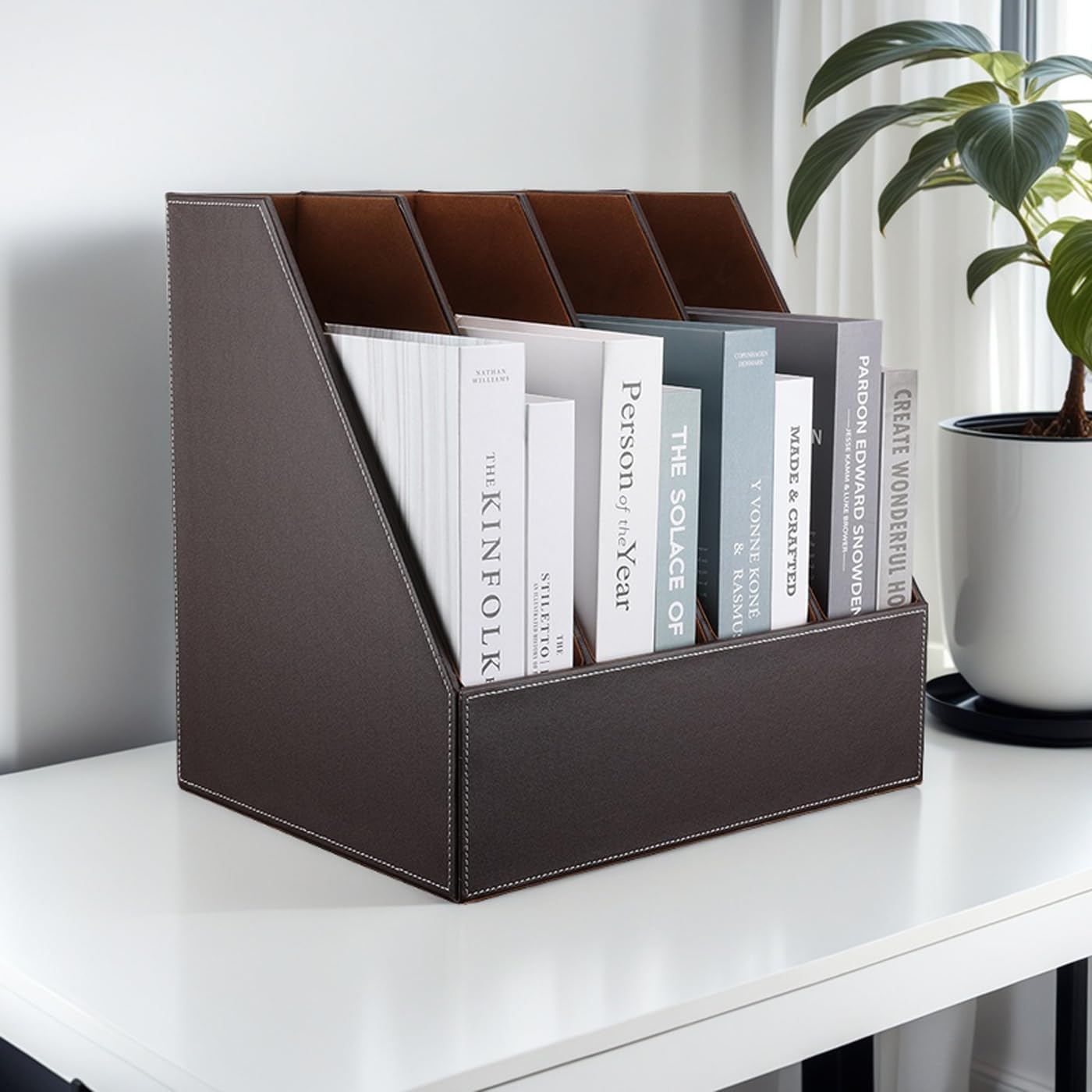 KINGFOM 4-Slot Wood Leather Document Files Holder Rack Stand Desk Files Organizer Papers Collection Cabinet (4 slot brown)