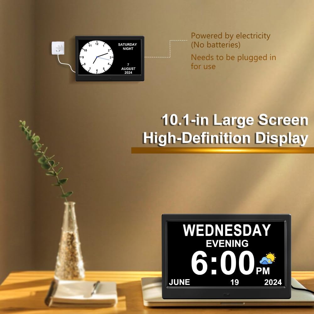 Extra Large Impaired Vision Digital Alarm Clock with Day and Time for Elderly Calendar Clock Auto Dimmable Clock (10.1 Inch Black)