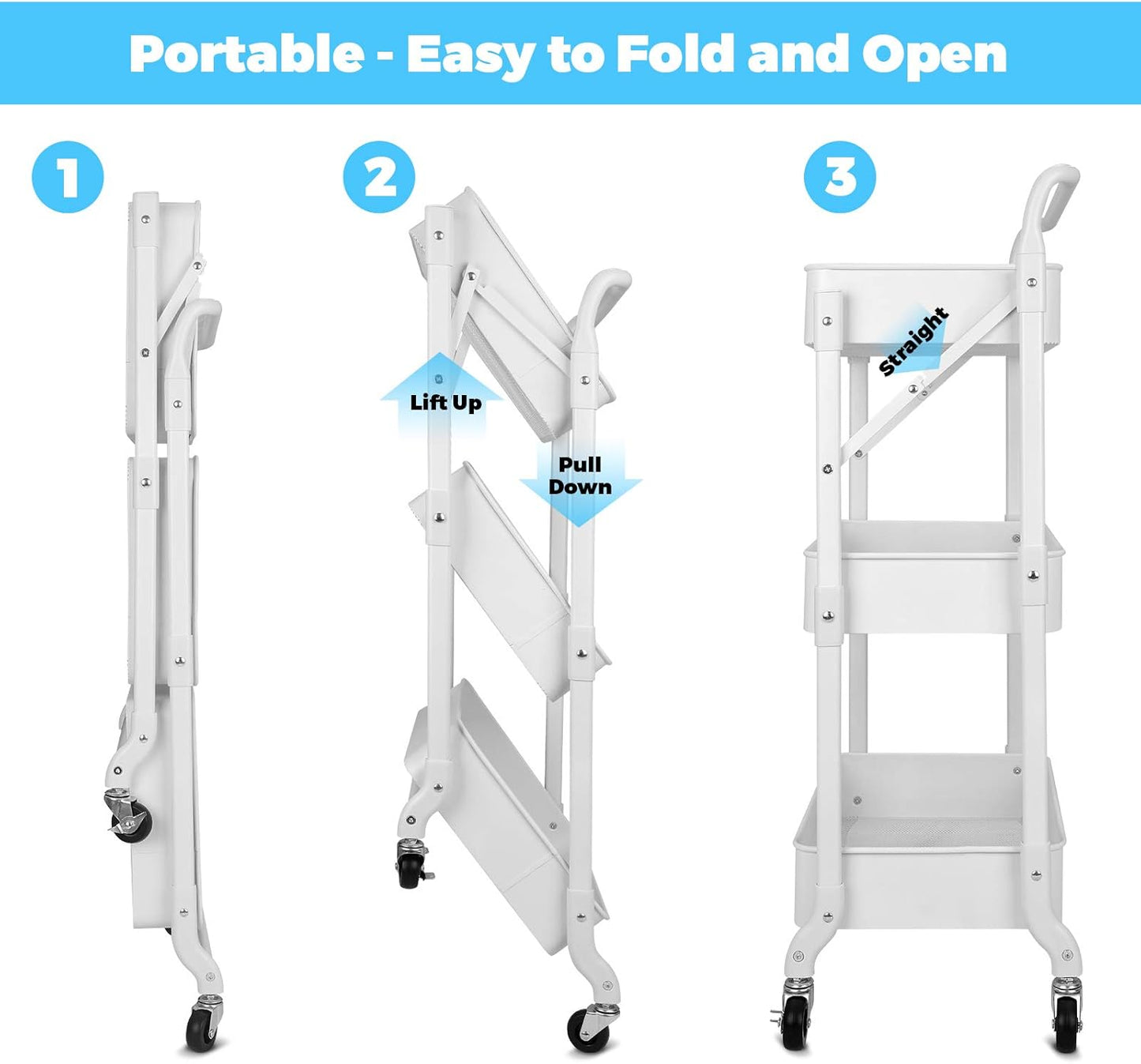 Foldable 3 Tier Metal Utility Rolling Cart, Folding Mobile Multi-Function Storage Trolley Organizer Cart for Home Library Office(White)