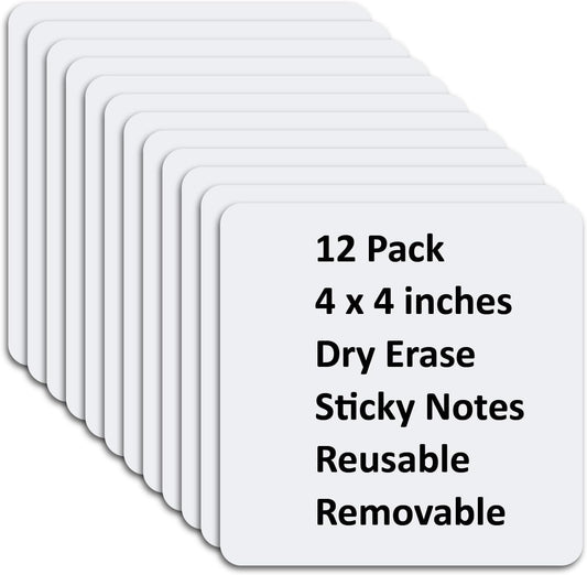 SVNOOC Multi-Use Dry Erase Sticky Notes, Reusable Labels Stickers for Wall Desk Fridge Office Classroom Home All Purpose Use, Removable, White (4 * 4 inches) 12 Pack