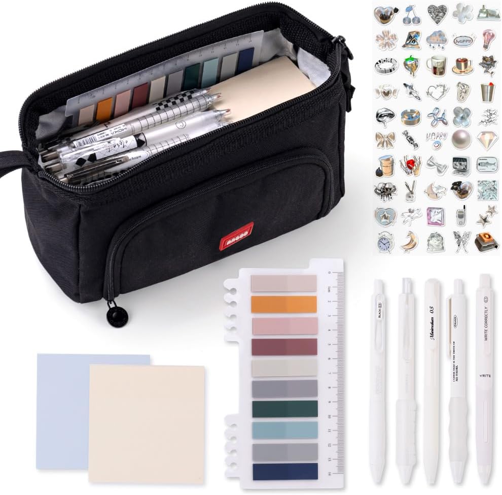 HVOMO Stationery Set,1 large-capacity pencil case,5 quick-drying pens,50 waterproof stickers,2 sticky note pads(200 sheets),1 set of 10-color index labels (200 sheets),Student stationery gift (Black)