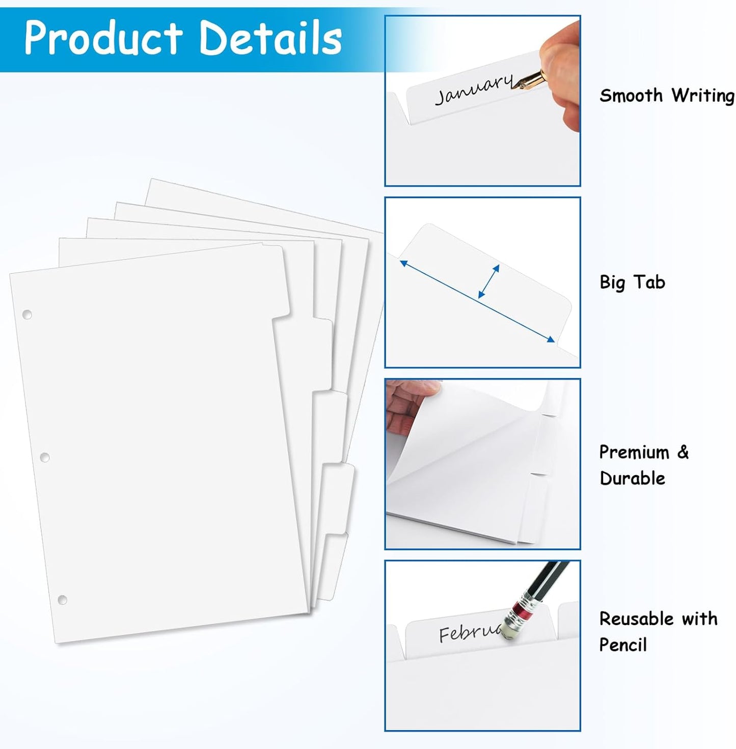 Binder Dividers for 3 Ring Binder, 1/5 Cut Tabs, Letter Size, Blank Write On Page Dividers with 5 Big Tabs for School Office Home, 12 Sets, 60 Dividers, White