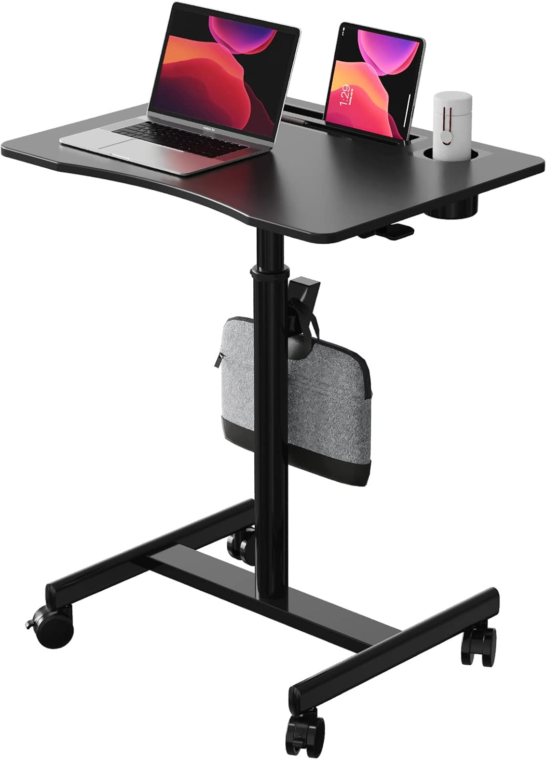 Mobile Standing Desk, 28 inch Rolling Standing Laptop Desk with Cup Holder, Mobile Desk Workstation with Wheels, Portable Computer Desk Cart with Hook for Home Office, Black