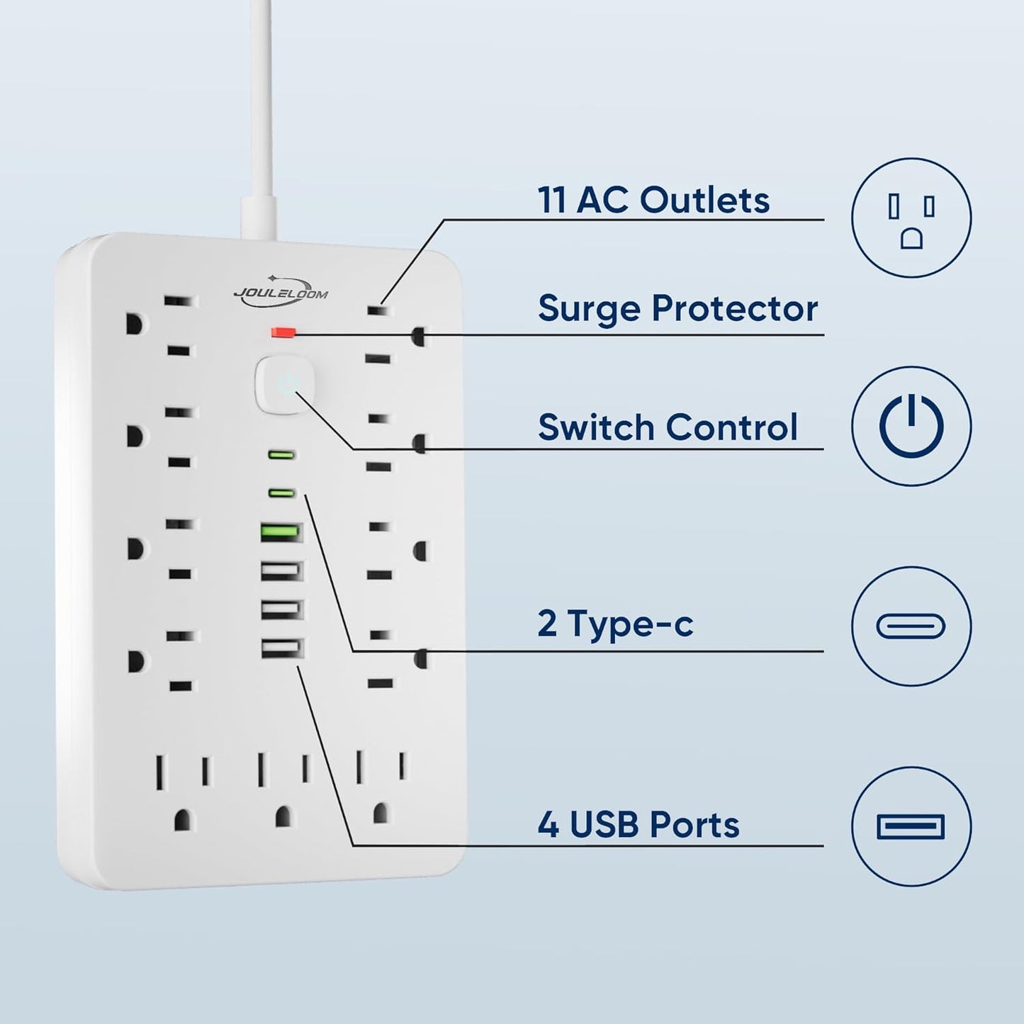 10 FT Flat Plug Surge Protector Power Strip,11 Multiple AC Outlets with 6 USB Ports (2 USB C), 6 Feet Extension Cord, 1250W/10A, One Touch Switch Button, White