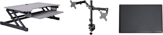 Rocelco 37.5" Height Adjustable Standing Desk Converter with Dual Monitor Mount and Anti Fatigue Mat -Slide Out Retractable Keyboard Tray -Sit Stand Tabletop Riser Workstation -Gray (R DADRG-DM2-MAF)