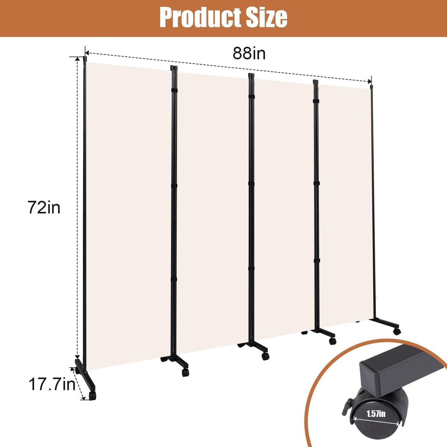 Room Divider Portable 88'' Partition Room Dividers and Folding Privacy Screens 4 Panel Wall Divider for Room Separation，Freestanding Fabric Room Divider Panel with Wheels for Home Office Hospital