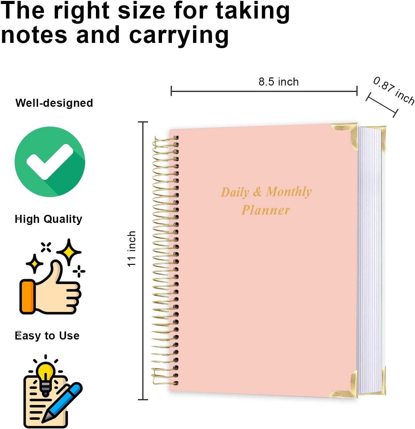 Undated Daily Monthly Planner for 2025 2026 - A4 To Do List with Hourly Schedule, Hardcover Spiral Bound Daily Planner to Increase Focus, Stylish School/Office Supplies, 8.5" x 11", Pink
