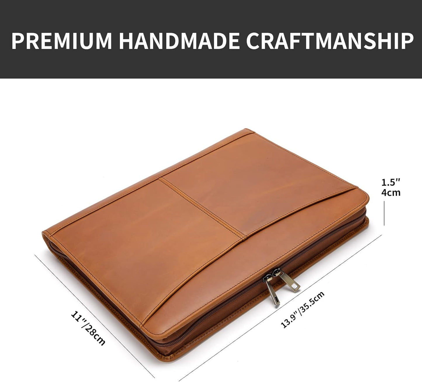 Personalized Genuine Leather Portfolio with Front Pocket for Men and Women, Custom Engraved Zippered Padfolio Binder for 8.5 x 11 Legal Pad Notebook, Professional Laptop Case, Brown