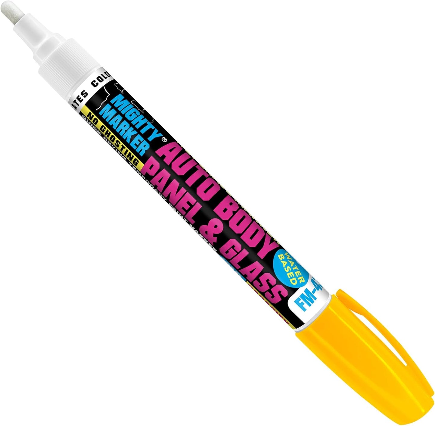 FM-43 Auto Body and Glass Paint Marker, No-Ghost, Highly Water-Resistant, 2.3mm Bullet Tip, Valve Action, 6 Bonus Reversible Tips, Made in USA - Yellow 6 Pack