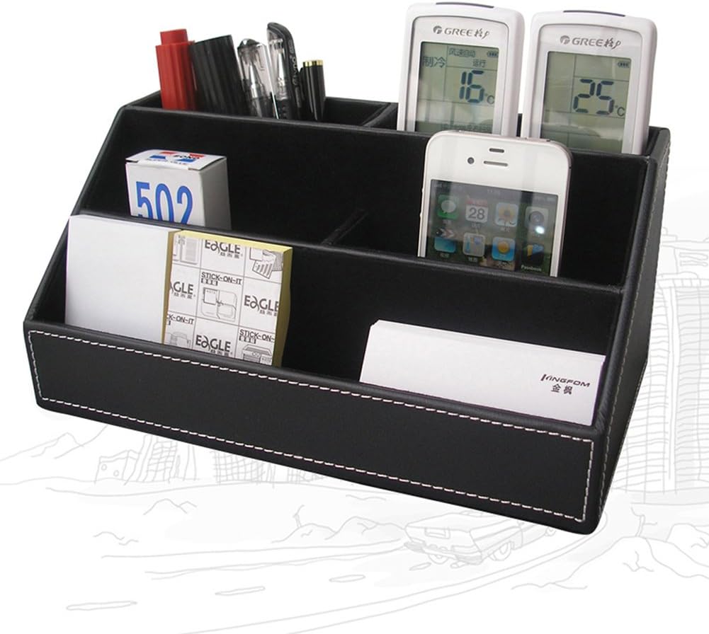 KINGFOM Desk Organizer Set 5PCS Office Supplies Synthetic Leather Files Holder Cabinet Desk Organizer Drawer, Multifunction Organizer Box, Tissue Box Holder and Sticky Notes Dispenser Case (T08-Black)