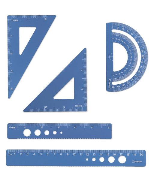 Metal Geometry Set, 5-Piece Aluminum Ruler, Math Drafting Ruler Kit Includes Protractor, Triangle Rulers, Straight Rulers-Math Measurement Tools for School and Office Supplies (Blue)
